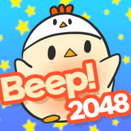 삐약 2048 앱 아이콘 — 별이 흩어진 하늘 앞의 병아리와 Beep! 2048 글자