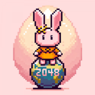토끼 키우기 2048 앱 아이콘 — 2048이 적힌 구슬 위에 선 도트 그림 토끼